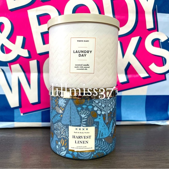 2X BRAND NEW BATH & BODY WORKS 3 WICK CANDLES HARVEST LINEN AND LAUNDRY DAY - Picture 1 of 2